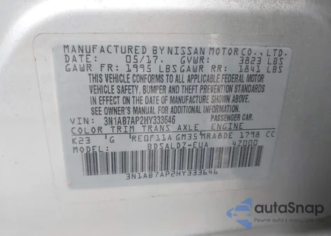 2017 Nissan Sentra Sv z USA, uszkodzony, nr VIN 3N1AB7AP2HY333646
